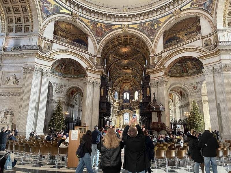 Tourists taking photos inside St. Paul's Cathedral in London.