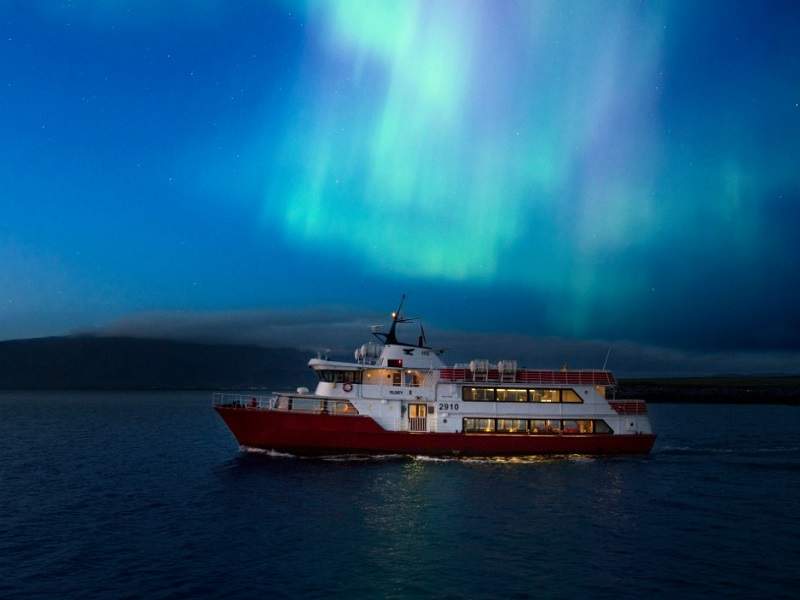 boat on ocean with northern lights