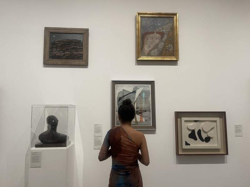 A girl looking at a wall of art in the Tate Modern in London.