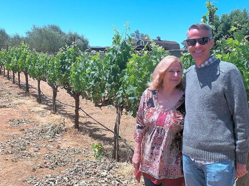 Couple standing next to vineyards