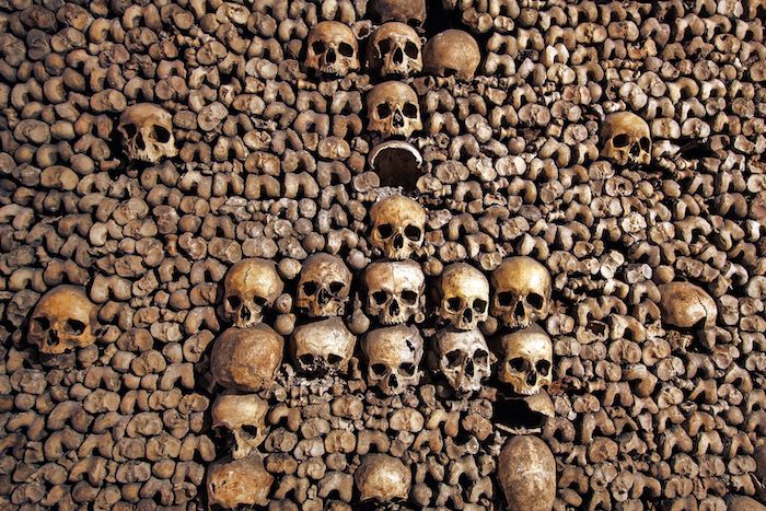 skulls arranged in the Paris Catacombs