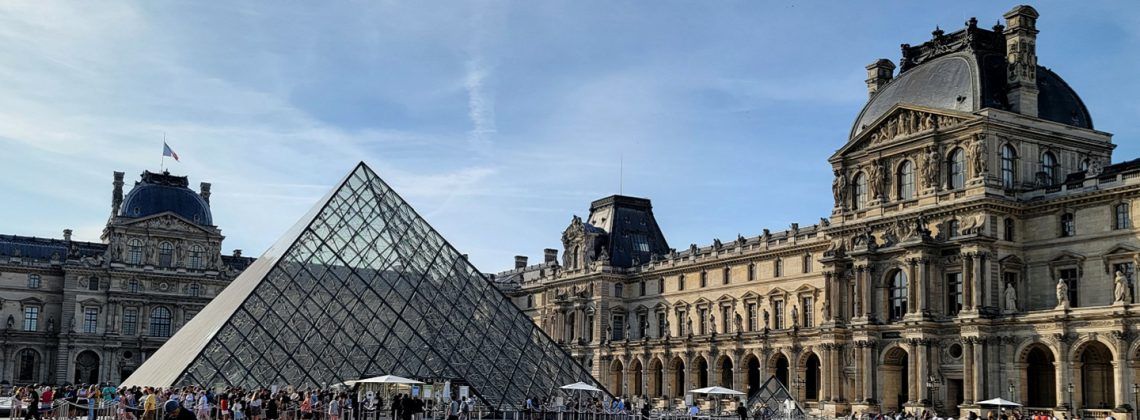 Exterior of the louvre and courtyard.