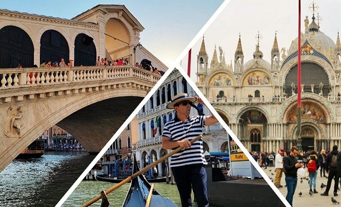 a collage of photos showing our best boat tours in Venice.