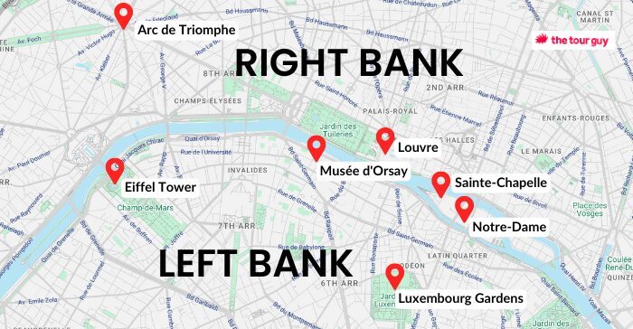 Map of Paris with Right Banks and Left Bank