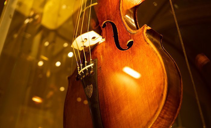 Close up of the Stradivarius with Medici Family coat of arms in The Galleria dell'Accademia di Firenze