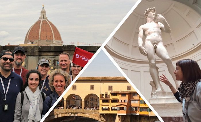 Florence in a day combo tour image with cathedral dome, statue of David, and Ponte Vecchio.
