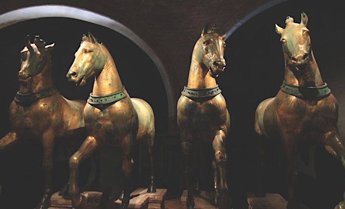 bronze sculpture of four horses found inside St. Mark's Basilica in Venice.