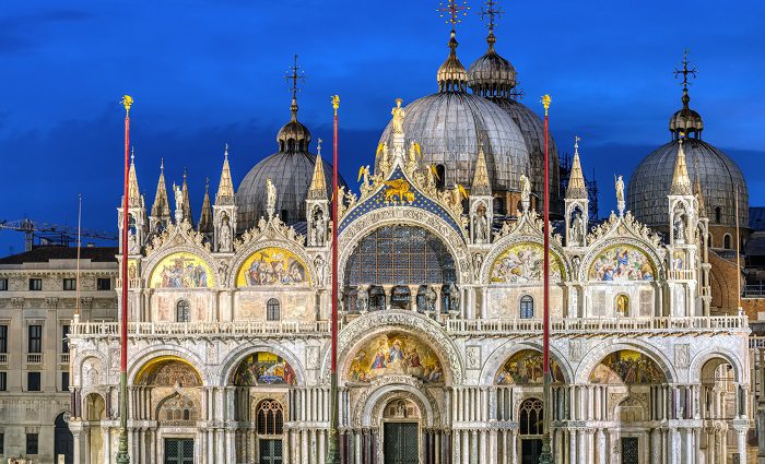 Exterior view of St. Mark's Basilica in Venice at night