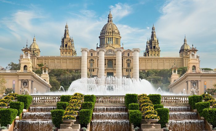 Exterior view of the Museu Nacional d'Art de Catalunya with magic fountain in the foreground in Barcelona