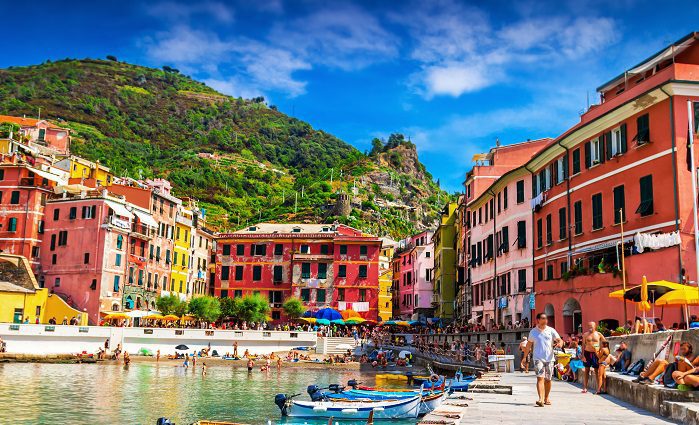 View of Vernazza town harbour in Cinque Terre
