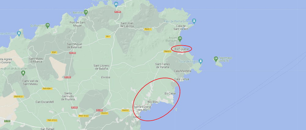 map of Ibiza circling areas with recommended hotels on Southeastern part of the island