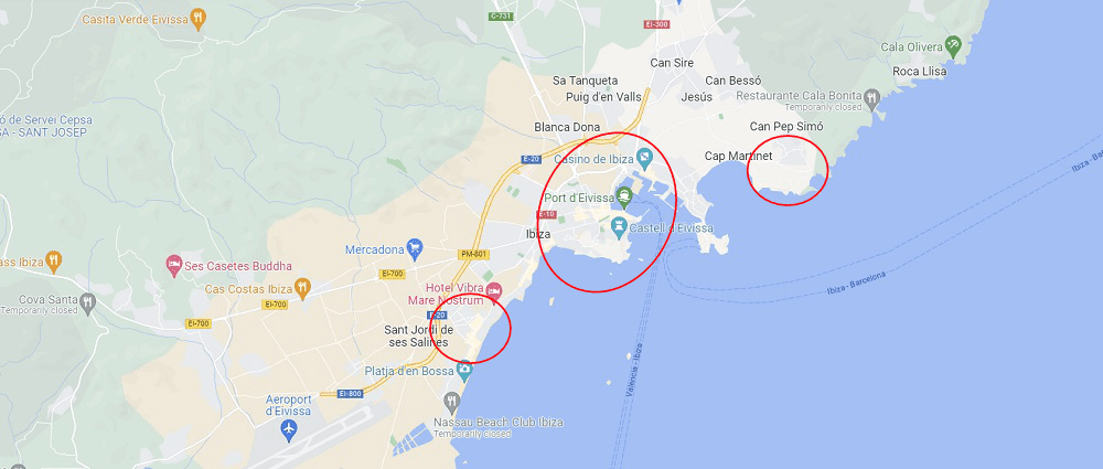 map of Ibiza town showing recommended hotels and areas
