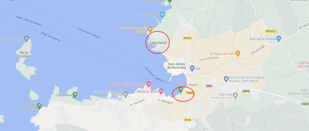 map of ibiza sant antoni with recommended hotels circled