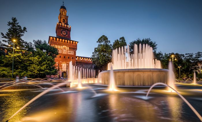 Sforza castle illuminated at night