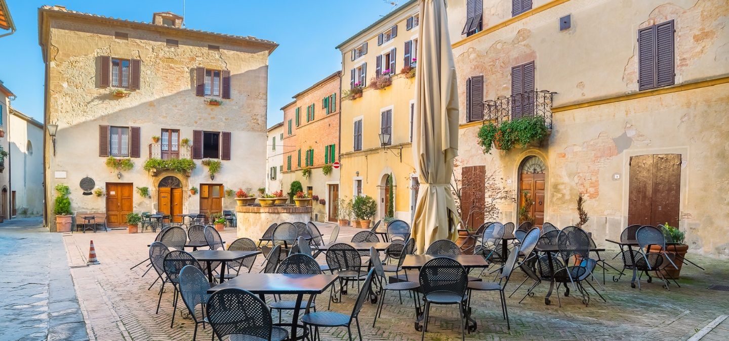 Exterior courtyard of restaurant in Pienza.