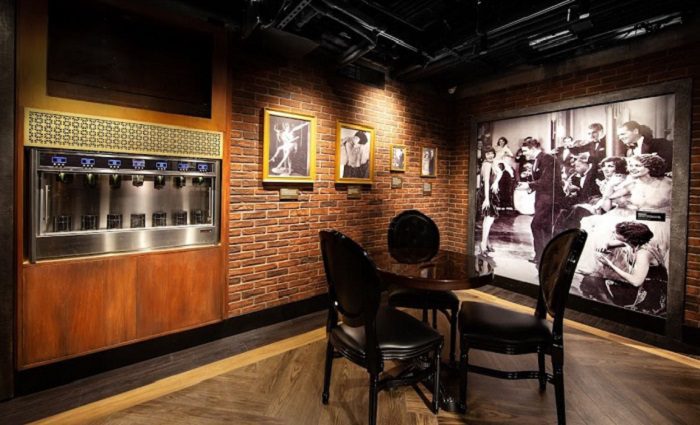 dark speakeasy room with vintage photos