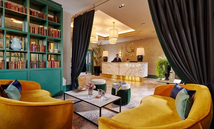 interior view of The Green hotel in Dublin with brightly coloured reception and fine finishings