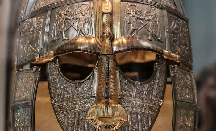 Close up of the Sutton Hoo helmet recreation in the British Museum in London.