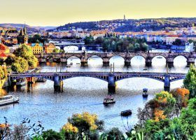 Aerial view of Prague bridges