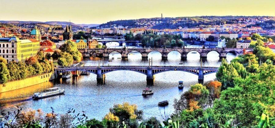 Aerial view of Prague bridges