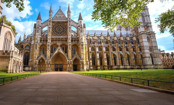 Exterior view of the length of Westminster Abbey in London