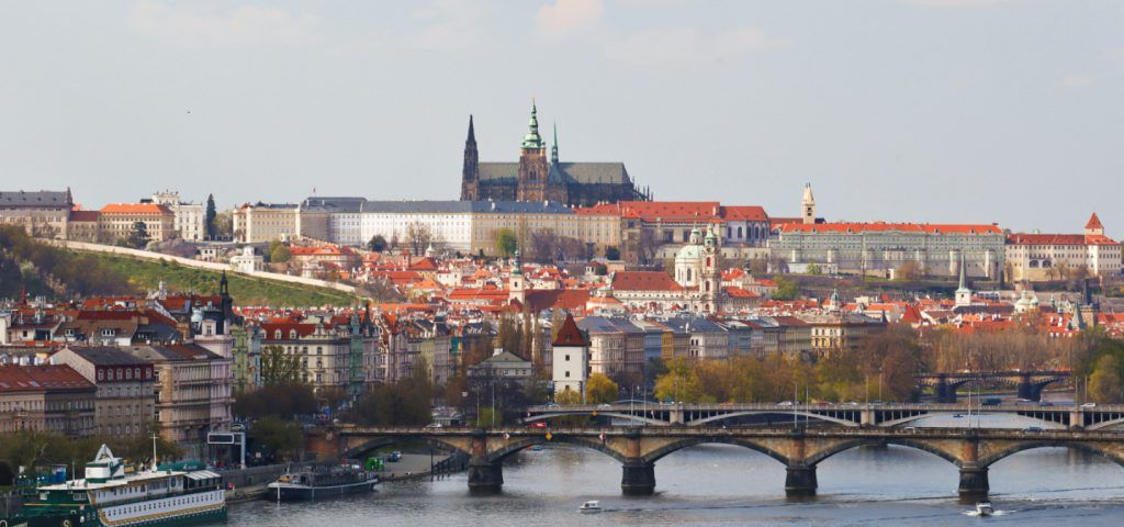 Skyline of Prague with the Prague Castle in the background.