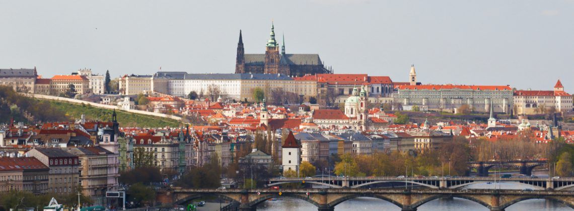 Skyline of Prague with the Prague Castle in the background.