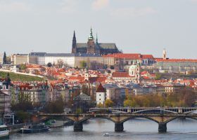 Skyline of Prague with the Prague Castle in the background.