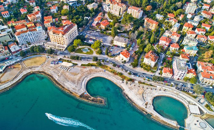 Slatina beach in Opatija aerial panoramic view Kvarner Bay of Croatia