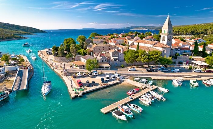 Town of Osor aerial view, bridge between Cres and Mali Losinj islands, Adriatic archpelago of Croatia