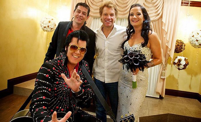 elvis and jon bon jovi with bride in wedding chapel