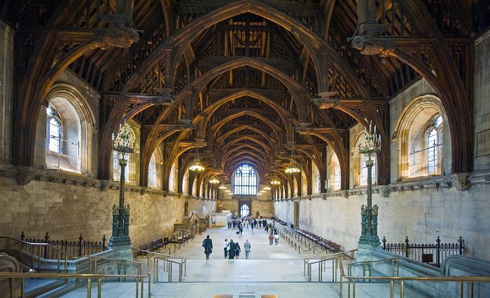 Interior view of Westminster Hall at the Parliamentary Estate in London showing its beautiful roof.