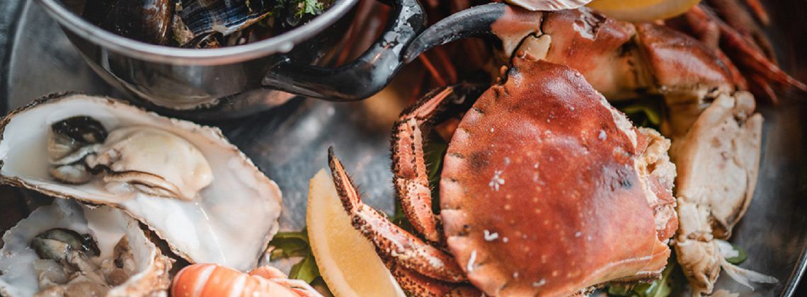 Seafood platter in Scotland including crab and oysters.