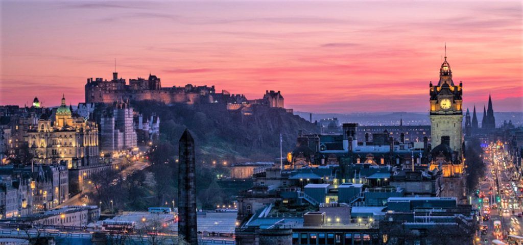 Skyline of Edinburgh during sunset.