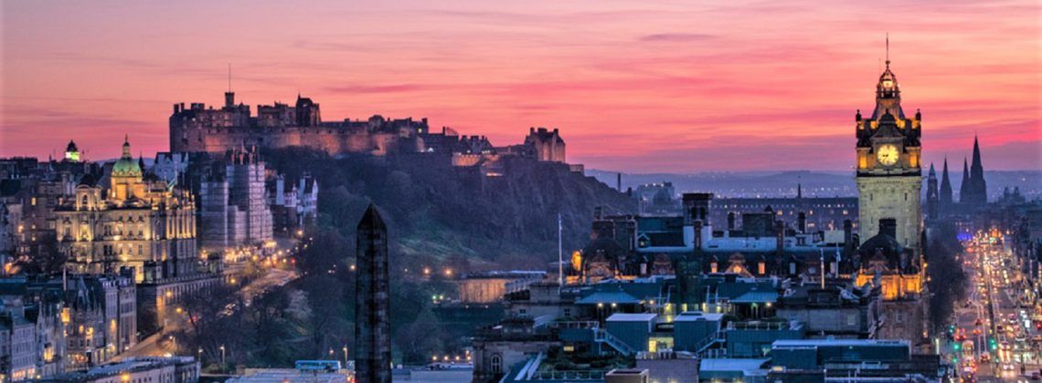 Skyline of Edinburgh during sunset.
