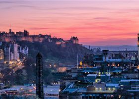 Skyline of Edinburgh during sunset.