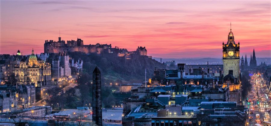 Skyline of Edinburgh during sunset.