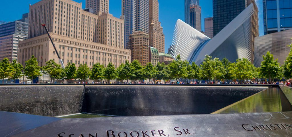 9/11 memorial in NYC during the day.