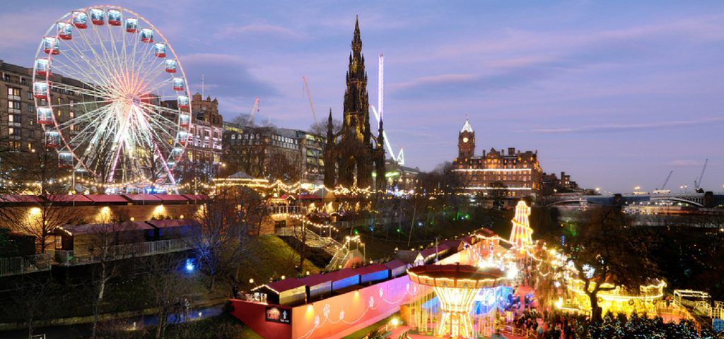 Edinburgh Princess Street during Christmas at night.