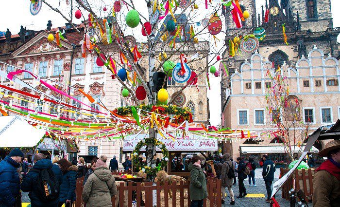 Prague Easter market with bright and colourful decorations on the trees