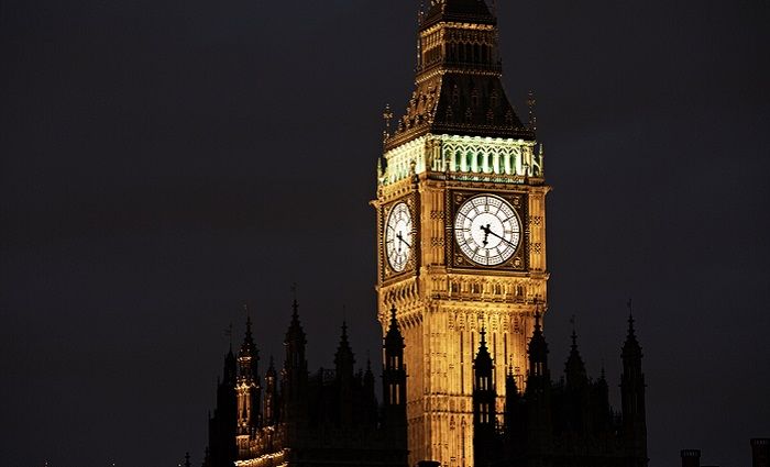 Close up of an illuminated Big ben in London at night