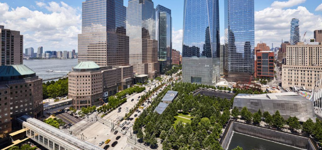 Aerial view of the New York 9/11 memorial area.