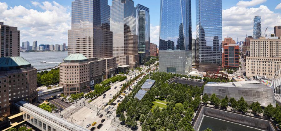 Aerial view of the New York 9/11 memorial area.