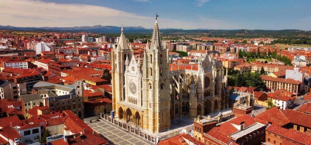 Aerial view of the city of Leon, Spain with Cathedral.
