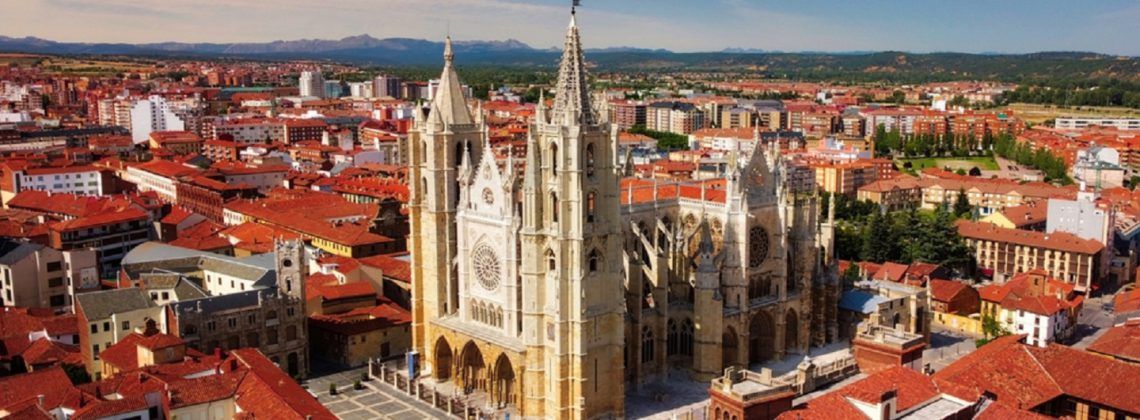 Aerial view of the city of Leon, Spain with Cathedral.