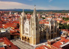 Aerial view of the city of Leon, Spain with Cathedral.