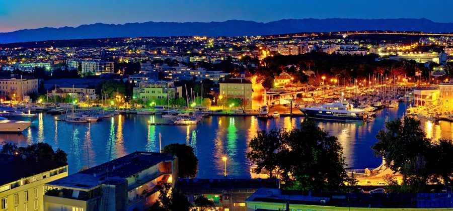 Zadar harbor and city during the night.
