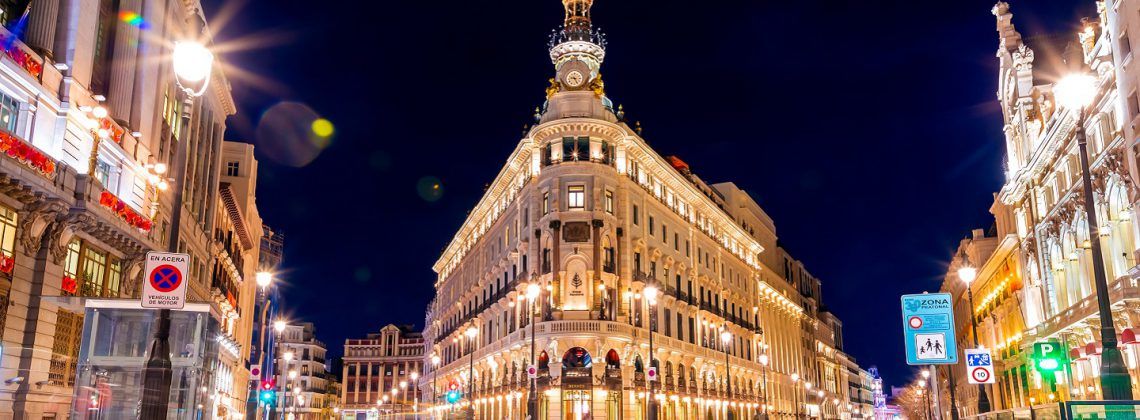 Vibrant streets of Madrid at night.