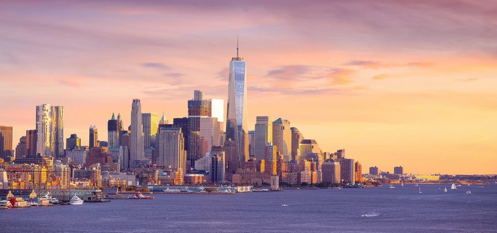 New York City sky line at sunset.