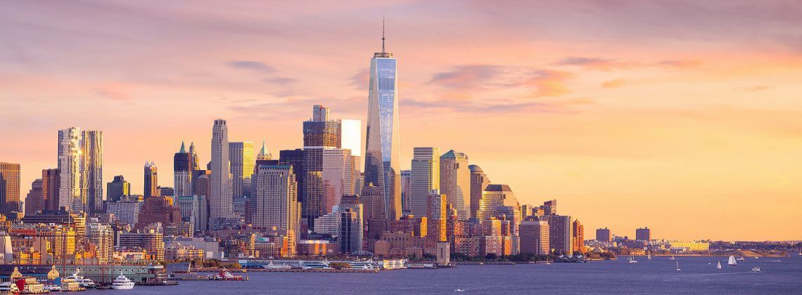 New York City sky line at sunset.